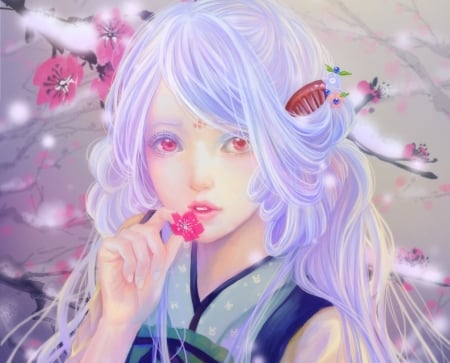 Sakura - anime, sakura, blue, girl, sunmomo, spring, flower, pink, manga, hand, art, asian