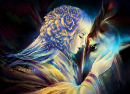 Interconnection - woman, girl, interconnection, black, deer, fantasy, wolfie-chama, art, dark, yellow, hand, luminos, blue, flower