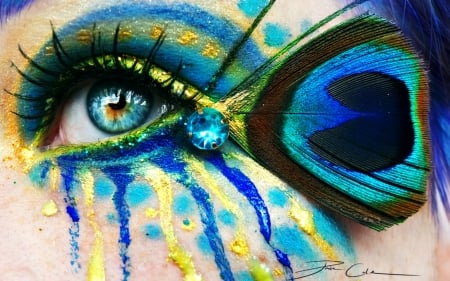 Crazy peacock - woman, crazy peacock, pixiecold, vara, girl, summer, make-up, eye, yellow, blue, green, feather