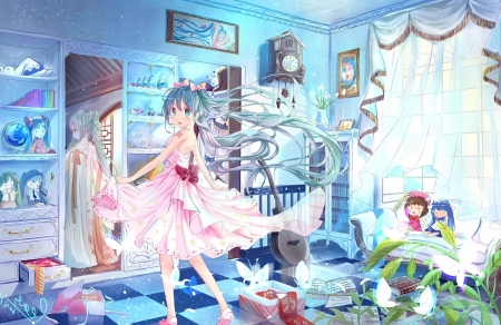 Hatsune Miku - hatsune miku, toy, room, tagme, vocaloid, pink, blue, mirror, anime, manga