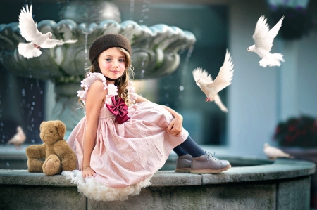 Little girl - vara, hat, dove, girl, toy, child, copil, bird, summr, white, pink, teddy bear, ashlyn mae, cute, dress, little