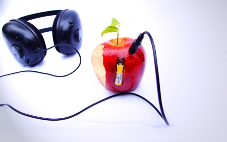 Apple for music - apple, red, funny, battery, black, headphones, fruit, leaf, music, green