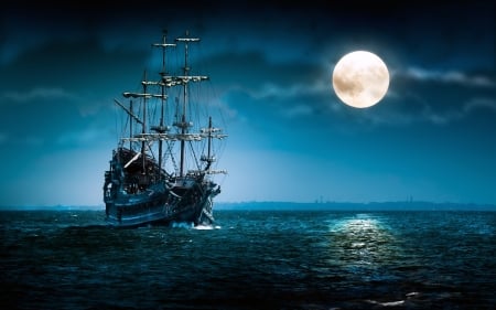 Sailboat - moon, 3d, night, sailboat, sea