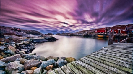 purple sky over a fishing harbor hdr - sky, purple, pier, harbor, hdr, shacks, rocks