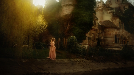 Castle - woman, wood, castle, river