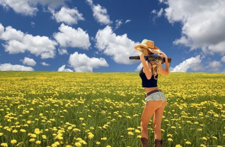 Beauty In The Country.. - women, girls, fun, models, female, cowgirl, hats, western, nra, fields, style, boots, outdoors, blondes, shotgun, ranch, flowers