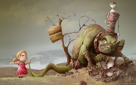 No, monster! - fantasy, funny, green, girl, davide tosello, pink, no monster, luminos