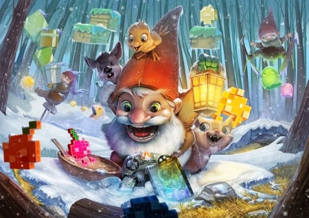 Merry Christmas! - bird, gnome, yellow, blue, snow, forest, animal, dwarf, red, davide tosello, art, luminos, hat, winter, christmas, illustration, elf, fantasy, white, santa, craciun, gift