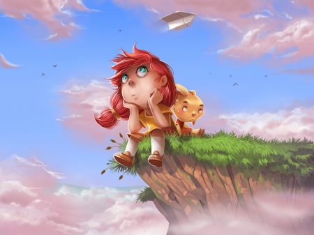 Waiting - waiting, summer, blue, girl, pink, illustration, redhead, cloud, davide tosello, paper airplane, sky