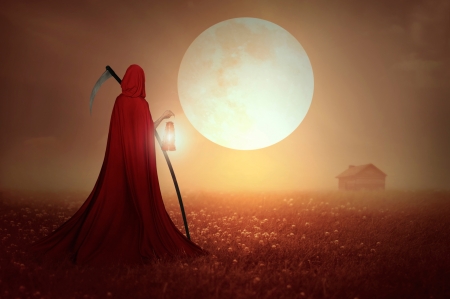 Reaper - reaper, girl, lantern, fantasy, sunset, red, woman, field, art, luminos