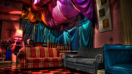 colorful interiors hdr - couches, hdr, room, colors, drapes, interior