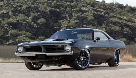 1970-Plymouth-Cuda - mopar, black, custom wheels, cuda