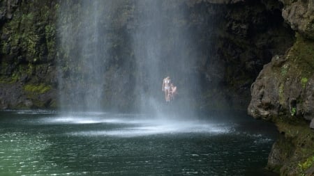 couple behind a waterfall - cave, pool, rocks, waterfall, couple