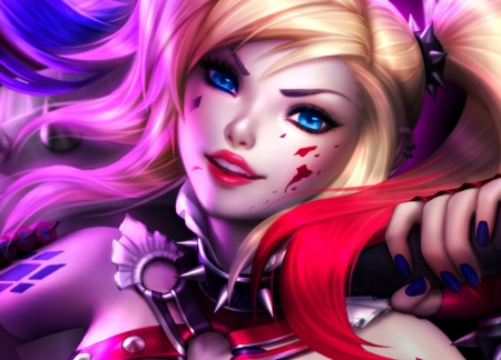 Harley Quinn - blue, michellehoefener, girl, blonde, beauty, pink, fantasy, harley quinn, hand, red, face, art, luminos