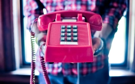 Pink phone - retro, pink, vintage, phone, hand, blue