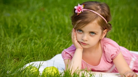 Sad little girl - discontent, girl, sad, summer, copil, child, pink, mood, green, grass, cute, flower, little