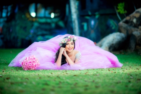 Bride - woman, wreath, bride, rose, model, mood, green, style, vara, girl, mireasa, summer, groom, pink, flowers, flower, dress