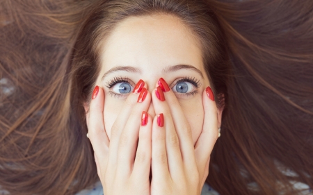 Oh, no! - woman, girl, blue eyes, funny, model, face, red, hand, nails