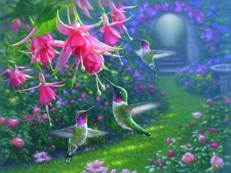 Hummingbird's Heaven - hummingbirds, birds, summer, paintings, spring, colors, flowers, garden, love four seasons, animals