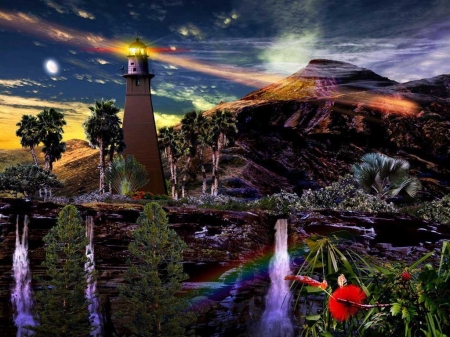 Fantasy Landscape - lighthouse, mountain, artwork, water, flowers, waterfall