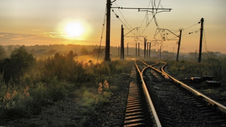 train tracks at sunset - trains, town, tracks, sunset, electric lines