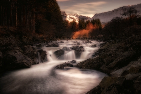 The River Orchy in the Scottish Highlands at Sunset - river, waterfalls, sunset, nature, scotland, mountains