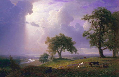 Spring in California - cow, landscape, lilac, pink, tree, Albert Bierstadt, pictura, purple, painting, cloud, texture, art, luminos, sky