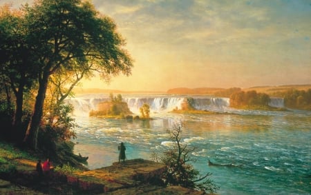 Landscape - water, blue, landscape, orange, tree, Albert Bierstadt, pictura, painting, texture, art, luminos