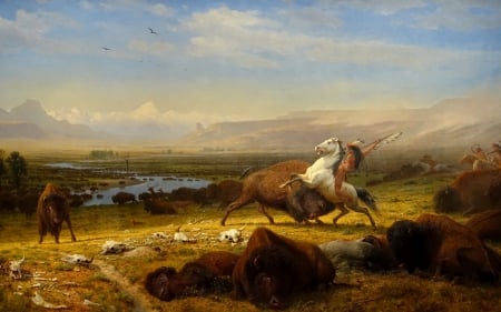 The last of the buffalos - painting, art, 1888, horse, albert bierstadt, the last of the buffalo, luminos, man, pictura, animal, texture