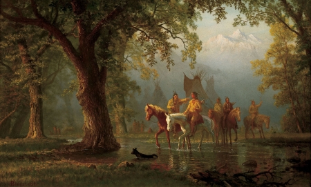 Departure - native, man, horse, tree, Albert Bierstadt, american, departure indian war party, pictura, texture, luminos