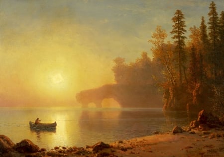 Canoeing Indians - canoeing indians, morning, lake, landscape, sun, albert bierstadt, man, luminos, orange, pictura, tree, texture, boat