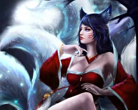 Ahri - beauty, girl, frumusete, fox, white, art, jackiefelixwei, game, hand, red, blue, league of legends, nine tails, ahri