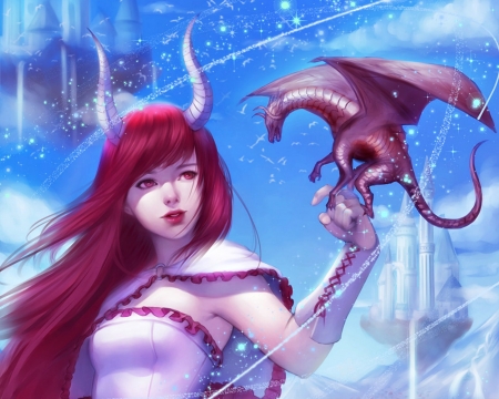 Fantasy girl and dragon - nanny, game, npye13, blue, girl, pink, horns, fantasy, redhead, dragon, hand, woman, art, luminos