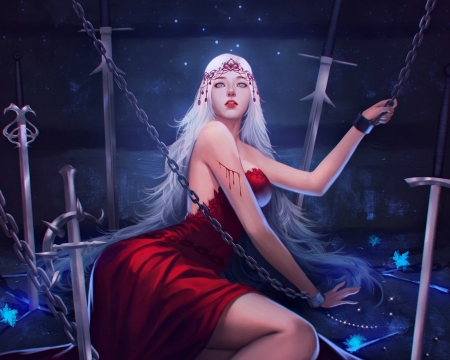 Trap - trap, npye13, blue, dress, girl, sword, fantasy, white, chains, red, woman, luminos