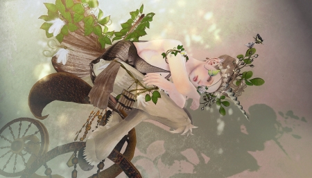 Unicorn girl - game, fantasy, green, rendering, girl, leaf, unicorn