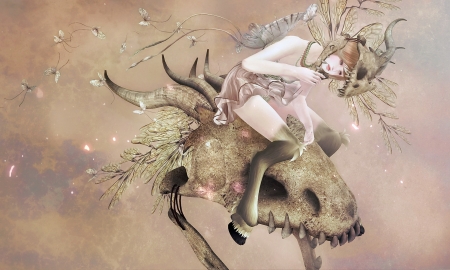 Fantasy girl - game, fantasy, animal, rendering, girl, luminos, skull, horns