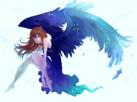 Angel - white, girl, blue, anime, feather, wings, fantasy, manga