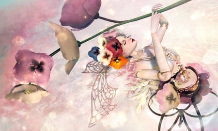 Fantasy girl - woman, rendering, girl, fantasy, pansy, game, luminos, pink, flower, poppy