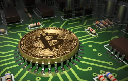 Bitcoin - chip, fantasy, bitcoin, circuit, 3d, currency, art