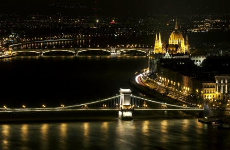 Budapest at Night - danube, river, bridges, city, hungary, buildings