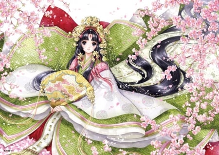 Kaguya - pretty, anime, female, cherry, maiden, dress, long hair, japan, nice, anime girl, sakura, cherry blossom, beautiful, girl, beauty, kimono, lovely, sakura blossom, sweet, flower, petals, yukata, flora, black hair, floral, japanese