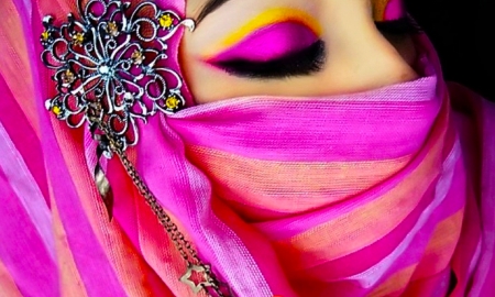 Woman wearing pink scarf - face, pretty, pink, beauty, veiled, beautiful, veil, scarf, girl, mood, people, photography, makeup, woman