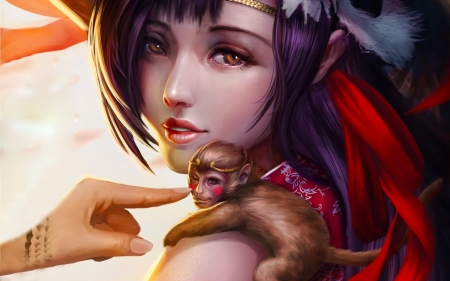 Sweet Friends - pretty, beautiful, girl, girl and monkey, monkey, sweet, fantasy, digital, woman, cute, art, asian