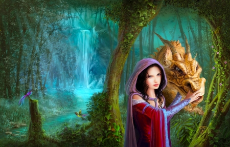 Lady and her Dragon - pretty, birds, beautiful, girl, forest, fantasy, nature, dragon, lady, digital, woman, princess, art