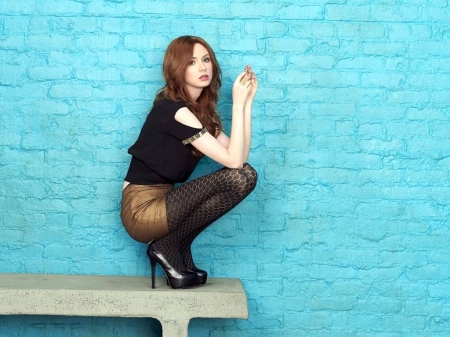 Karen Gillan - skirt, actress, hot, 2016, karen gillan, wallpaper, heels, stockings, model, legs, gillan, beautiful, karen