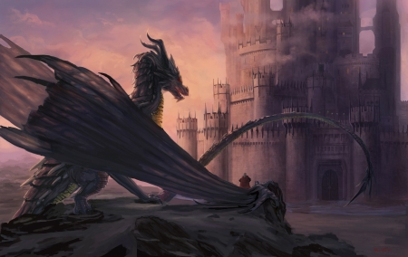 Dragon - fantasy, dragon, wings, pink, castle, luminos