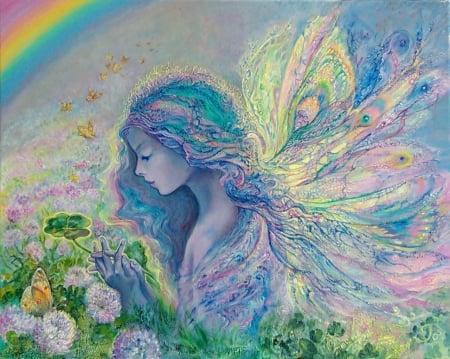 Fairy - yellow, summer, blue, girl, dandelion, flower, pink, fantasy, rainbow, green, wings, butterfly, fairy, art, luminos