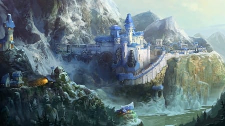 Castle - game, fantasy, blue, prime world, green, art, castle, luminos