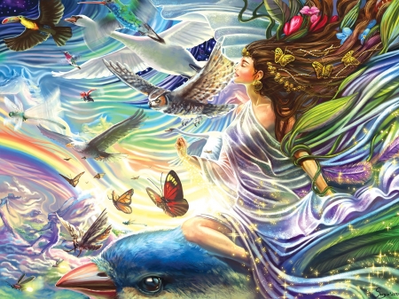 Queen of the sky - bird, blue, girl, frumusete, fantasy, white, rainbow, green, sergio, butterfly, fairy, art, luminos