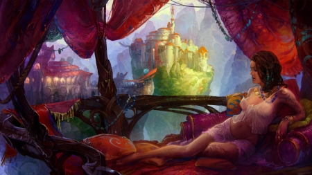 Prime World - woman, girl, prime world, fantasy, art, luminos, red, castle, green